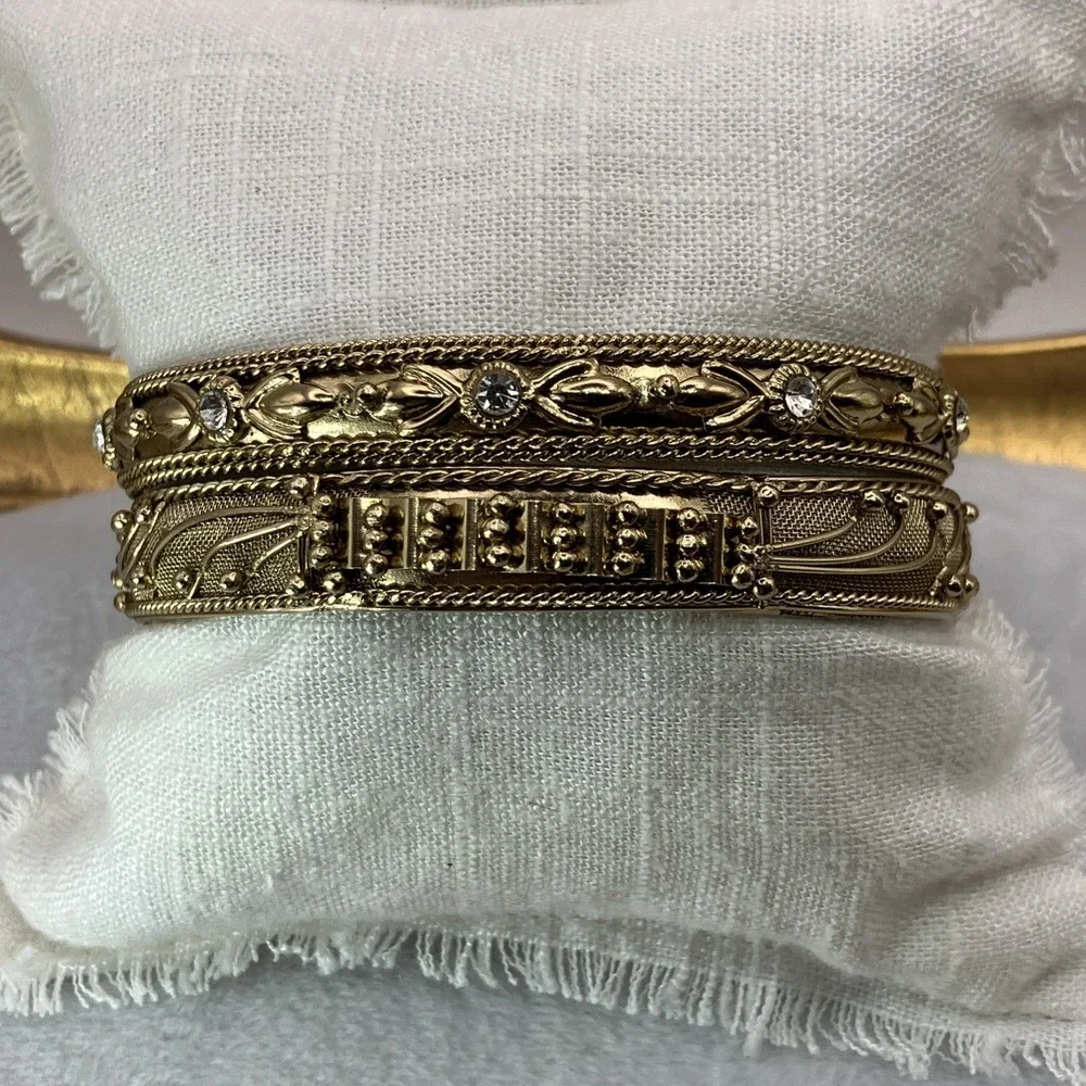 Children's Bangle Bracelets 2 Ornate Gold Tone Rhinestones Indian Design Stack